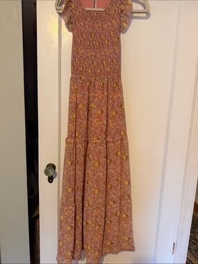 MELLODAY Pink and Yellow Floral Smocked Maxi